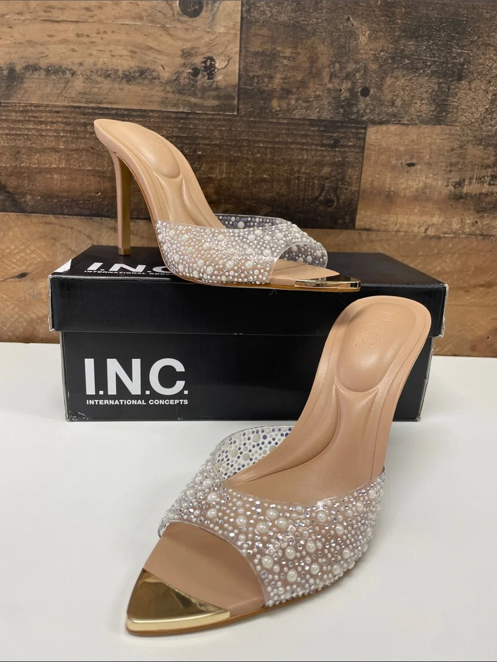 INC International Concepts Nude Pearl & Crystal Open-Toe Heels with Gold Cap